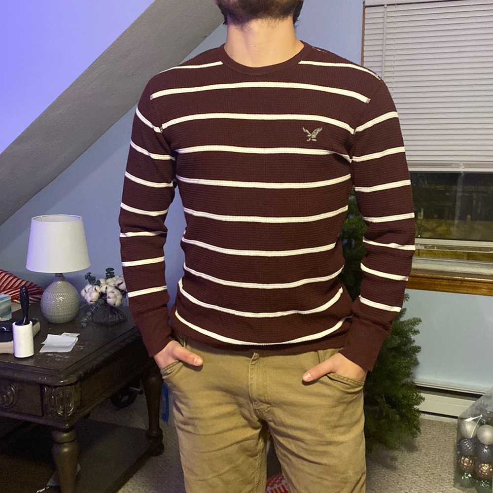 Mens waffle thermal Cranberry with white stripes size Medium